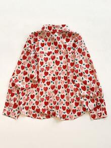 Women's Heart & Strawberry Print Button-Down Long Sleeve Shirt, Casual And Lovely For Outings - Multicolor - View 2