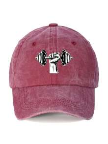 1 件时尚举重做旧印花可调节水洗帽檐男女休闲日常、通勤、上学、骑行、街头时尚老爹帽 - 啞鈴 - 查看 12