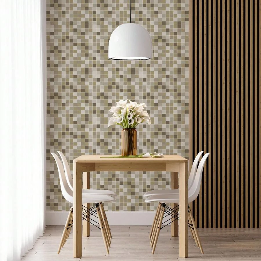 Papel de Parede Vinílico Autoadesivo Lavável Pastilha Ladrilho Azulejo Tons de Bege Marrom Claro Decoração - 10M - Visão 1