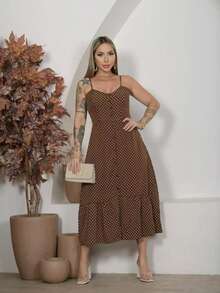 Long Crepe Dress With Padded Cups And Buttons H-1 - Coffee Brown - View 2