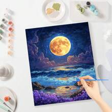 1 Stück DIY Malen nach Zahlen Set für Erwachsene Meer Mond Wandkunst Bild Acrylgemälde auf Leinwand für Heimdekoration 40x50 cm/16x20 Zoll ohne Rahmen