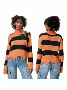 Women's Striped Halloween Sweater Vintage Loose High Neck Long Sleeve Ripped Irregular Hem Tops For Fall Winter - Orange - View 5