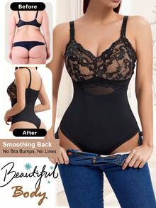 Women's Shapewear Bodysuit With Built-In Padded Bra Full Body Shaper Tummy Control Slimming Lace Corset Thong Waist Trainer Firm Control Body Suit - 黑色 - 查看 5
