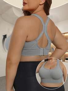 Plus Size Seamless Cross Back Sports Bra For Workout Shockproof Push Up Bra Padded High Support Workout - Light Grey - View 3