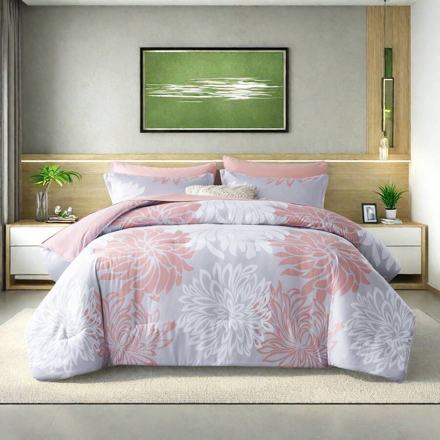 7 Pieces (Full/Queen/King) Elegant Bed In A Bag Comforter Set, Twin(5 Pieces),Stylish Solid Comforter, Soft Microfiber, Comfortable And Warm, Cloud-Like Soft Bedding Set, Bedroom Decor For Spring/Summer/Autumn/Winter, Ideal Gift - 粉色 - 查看 1