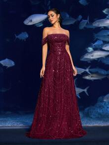 Faeriesty Haute Glamour Elegant Off-Shoulder Beaded Sequin Evening Gown – Floor-Length Fish Tail Train, All-Over Shimmering Embellishment For Red Carpet Galas, Luxury Weddings, Formal Evening Parties, And Underwater-Inspired Fashion Events - Burgundy - View 6