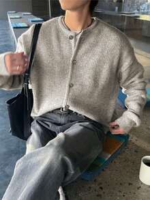 男女款休闲宽松罗纹圆领长袖开衫，简约风格，秋冬 - 灰色 - 查看 2