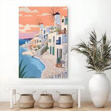 1pc Mykonos Illustration, Greece Art Framed Wall Art - Canvas Prints Poster, Ready To Hang - Home Decor, Ideal For Home, Office Wall Decor, Family Gift, Living Room Bedroom Wall Decor