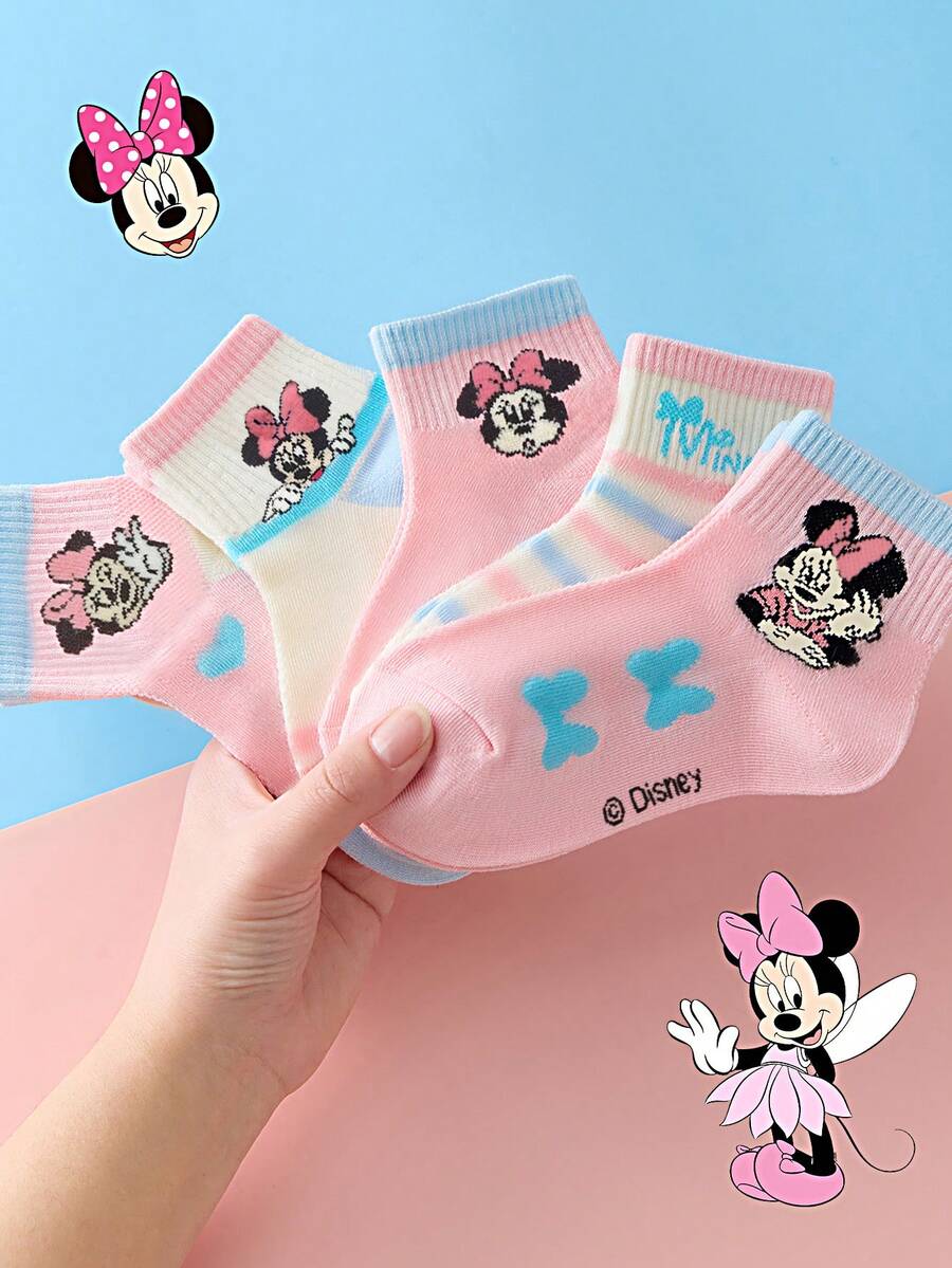 Disney 5双主题儿童袜子，米奇卡通风格女童中筒袜，粉色公主袜 - 彩色 - 查看 1