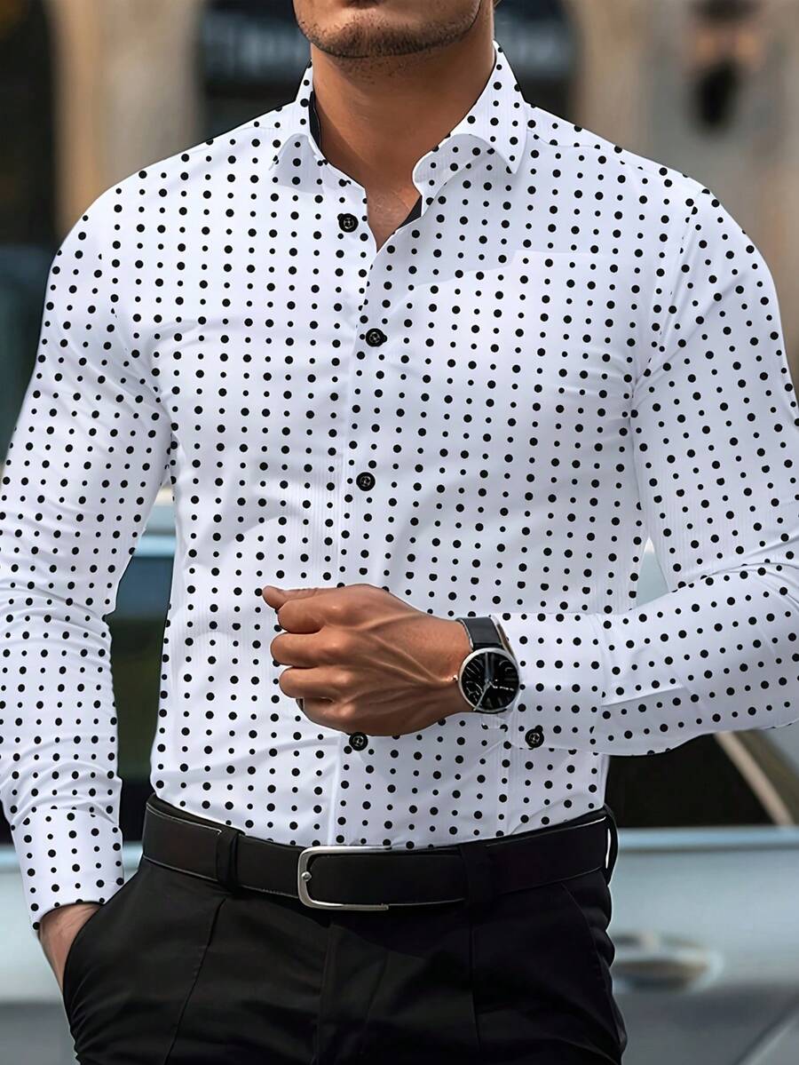 Men's Fashionable Business Shirt, Black And White Polka Dot, Slim Fit With Black Cuff Details, Fall