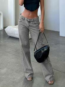 New Popular European And American Street Style Simple Daily Commuting Casual Low-Waist Straight Women's Jeans - Light Grey - View 3