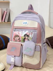 1 新款尼龙材质可爱卡通图案字母刺绣撞色大容量背包，小钱包挂件，多个口袋，可单肩背，时尚有型，日常上学户外旅行百搭款