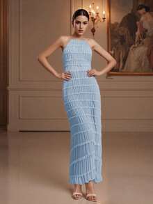 Women's Ruched Bodycon Long Dress Sleeveless Backless Solid Color Dress Cocktail Party Dress - Blue - View 5