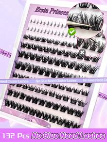 132pcs Cluster False Eyelashes, 3 Mixed Styles, Self-Adhesive, Fluffy D-Curl, 8-14mm Mixed Length; Also Includes 40pcs Self-Adhesive Lower Lashes, Fluffy Single Strands, DIY Eyelash Extension, Pre-Glued Cluster Lashes, Natural & Lengthening, D-Curl, No Glue Or Makeup Remover Needed. - Black - View 8