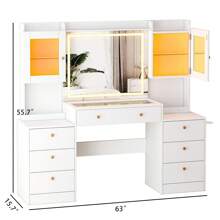 Bvldfamly 63 Inch Large Vanity Desk With Mirror & Lights, Glass Top Makeup Vanity Desk With Charging Station, 7 Storage Drawers, 2 RGB Light Cabinets, 3 LED Light Modes, Makeup Table For Women,Girls