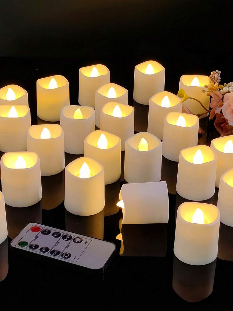 6/12/24 件套新奇无焰闪烁茶蜡烛、许愿蜡烛、电池供电茶灯、带 24 小时循环定时器的蜡烛灯、3D 火焰效果、含电池、适用于婚礼餐桌中心装饰、家居装饰、生日派对、万圣节、圣诞节、求婚、浪漫晚餐、蜡烛加热器、礼物、假蜡烛 - 暖白光 - 查看 1
