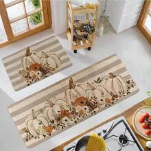 1/2 件秋季感恩节地垫，经典灰白条纹背景搭配白色南瓜图案厨房地垫，适用于派对装饰、厨房、浴室、卧室、厨房和餐厅、感恩节装饰、节日地板布局 - 彩色 - 查看 2