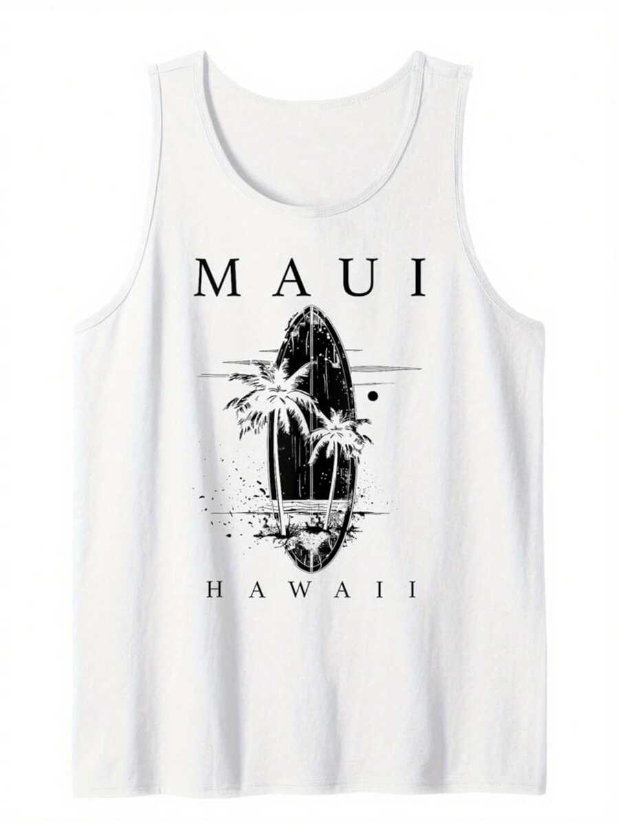 Men'S Cotton Comfy Sleeveless With Beach Palm Trees Print, Casual Round Tank Tops For Summer, Graphic Tee Men'S Outdoor Clothes, Men'S Clothing S-XXL - 白色 - 查看 1