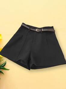 Women Summer Wide Leg Shorts With Belt Loop Solid Color High Waist Breathable Short Pants With Pockets - Black - View 4