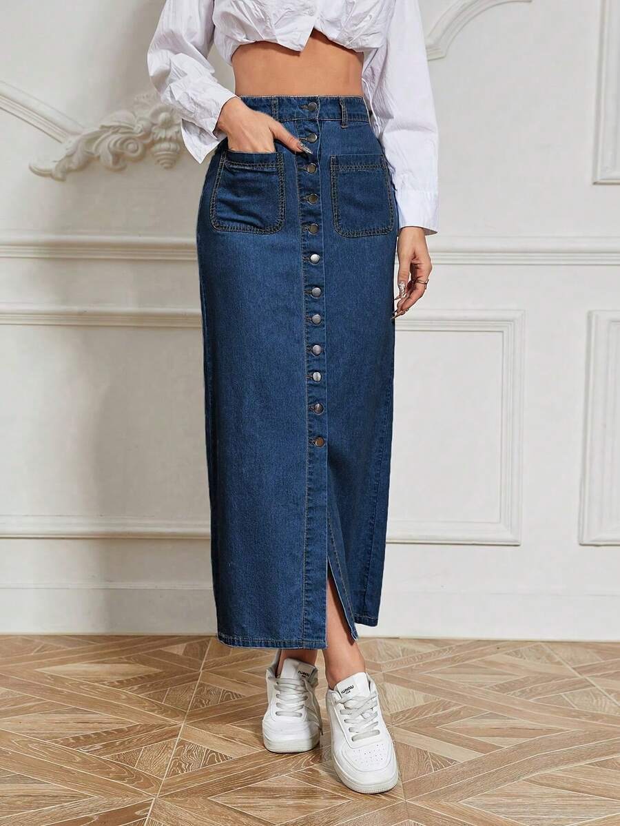 Front Button Denim Skirt,Women's Denim A-Line Skirt, Casual Vacation Style, Blue,Women Single Breasted Daily Matching Denim Skirt - 深色水洗藍 - 查看 1