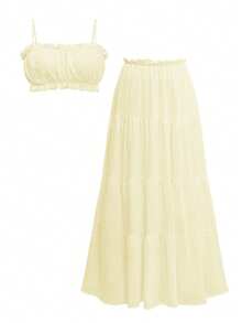 Look Polly Damen Zweiteiler, einfarbiges trägerloses Camisole Top und langer Rock, Frauenkleider Kleidung für Schule, buttergelbe Herbstkleidung für Frauen Kirchenkleid für Frauen Urlaubsstil Konzertoutfits für Frauen Casual, Loungewear-Sets für Frauen Weihnachten Thanksgiving elegantes Frauenset Strandset stilvolle Bekleidungskollektion Neujahrsoutfit