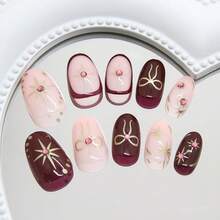 24Pcs Short Square Press On Nails Pink Gradient French Tip Nails With 3D Flower Ripple Design Glue On Nails Glossy Acrylic Nails Summer Full Cover Stick On Nails Women Girls Daily Wear - 鍍鉻金星弓-2 - 查看 6