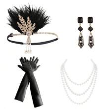 4 件套 1920 年代女士优雅性感配饰复古高端轻佻女郎服装配饰，单件派对化妆舞会头饰项链手套耳环万圣节