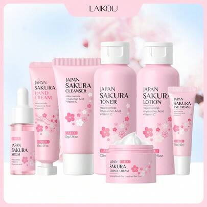 LAIKOU 日本樱花保湿护肤礼盒（包含：50克日本樱花洁面乳、100毫升日本樱花爽肤水、100毫升日本樱花精华水、17毫升日本樱花精华液、25克日本樱花面霜、15克日本樱花眼霜和30克日本樱花护手霜），保湿舒缓肌肤，深层滋养，适合旅行、露营、徒步、登山、户外活动等。