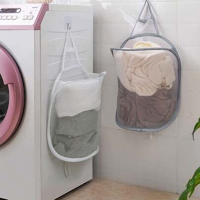 1 túi đựng đồ giặt lớn treo tường, có thể gấp gọn, thích hợp để đựng quần áo bẩn, được làm từ vải lưới, thiết kế nhiều ngăn, có thể dùng để đựng quần áo và đồ chơi, phù hợp sử dụng trong gia đình.