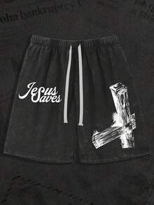 290g Washed Shorts, Faith And Cross Double-Sided Printed Summer Men's Retro Washed Casual Street Sports Shorts, Comfortable And Breathable, Suitable For Daily Wear, Adjustable Drawstring Waist Circumference, Elastic Waistband And Pocket - màu đen - Xem 1
