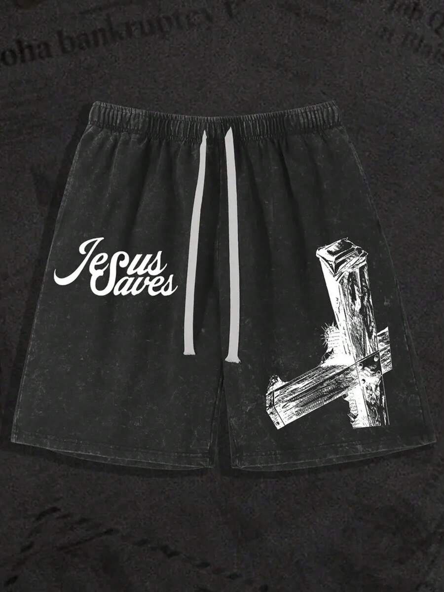 290g Washed Shorts, Faith And Cross Double-Sided Printed Summer Men's Retro Washed Casual Street Sports Shorts, Comfortable And Breathable, Suitable For Daily Wear, Adjustable Drawstring Waist Circumference, Elastic Waistband And Pocket - màu đen - Xem 1