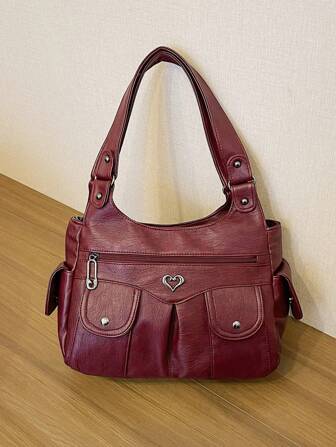 1pc Vintage Large Capacity Handbag, Vintage PU Messenger Bag, Women Casual Tote Bag & Wallet