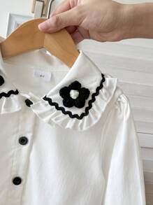 1pc Girls' Peter Pan Collar Floral Print Button Down Shirt, Cute & Sweet, Casual & Versatile - White - View 4