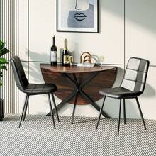 Dining Table And Chairs Set Of 2, Brown Folding Round Dining Table With 2 Black PU Leather Chairs For Dining Room, Kitchen, Living Room - Wood Grain Table + 2 Black PU Chairs - View 11