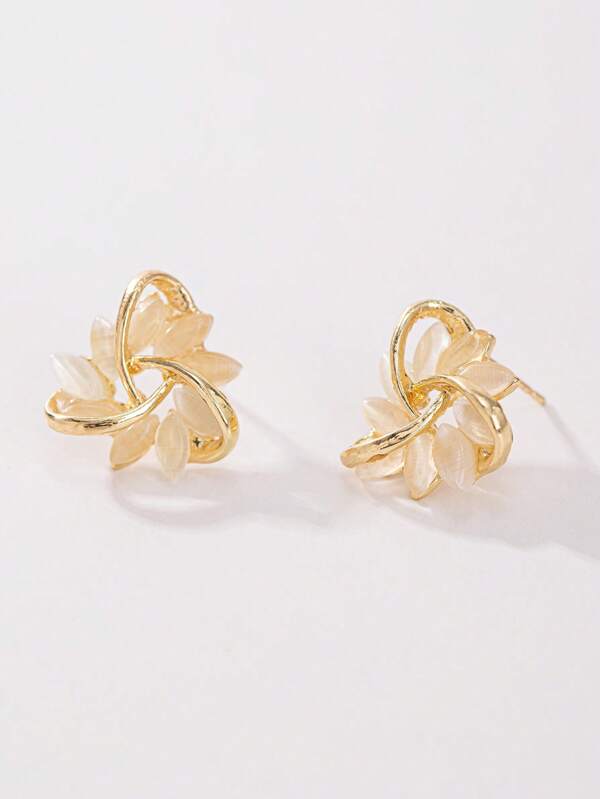 1 Pair Fashionable, Elegant, Minimalist Cat Eye Stone Flower Petal Stud Earrings, Versatile For Daily Wear