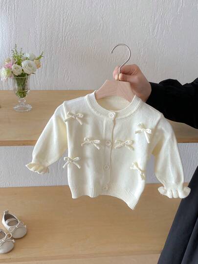 Fashionable Bow Knitted Cardigan For Baby Girls, Cute Outerwear Suitable For Autumn