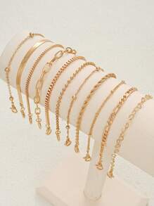 11/7pcs Fashionable, Elegant, Delicate, Retro Multilayer Stacking Bracelet Set With Pearl Beads, Faux Gems, Geometric Shapes, Waxed Cord, Snake Chain, Braided Chain, Box Chain, Smooth Links, Minimalist Style, Suitable For Holidays, Parties, Dates, Gifts, Daily Wear