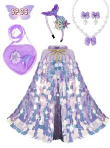 6Large Sequin Cape, Fish Tail Hair Accessory, Fish Tail Bag, Heart Bag, Faux Pearl Necklace, Bowknot Pendant, Mermaid Suit, Very Suitable Sending A Princess Gift Set To A Good Friend, Very Suitable For Dressing Up, Vacation, Daily Collocation, Easter, Halloween, Birthday Party, Christmas Gift, Party, Thanksgiving, Dress.