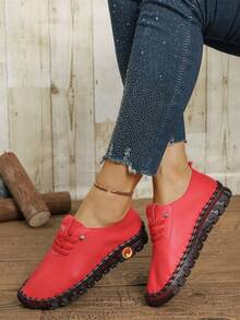 女式户外多功能休闲红色运动鞋，橡胶鞋底，柔软系带低帮皮革运动鞋 - 紅色 - 查看 4