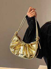 Solid Color, Metallic Shimmery, Ruffle Cloud, Fashionable Vacation Holiday Collegiate Shoulder Crossbody Bag For Women - Gold - View 1