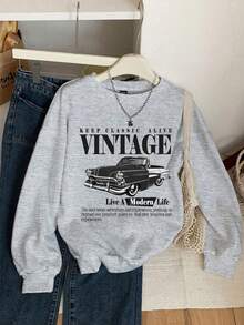 Camiseta manga larga con estampado de coche vintage, de corte holgado y casual para mujer, manga larga, para otoño e invierno - Gris - Ver 1