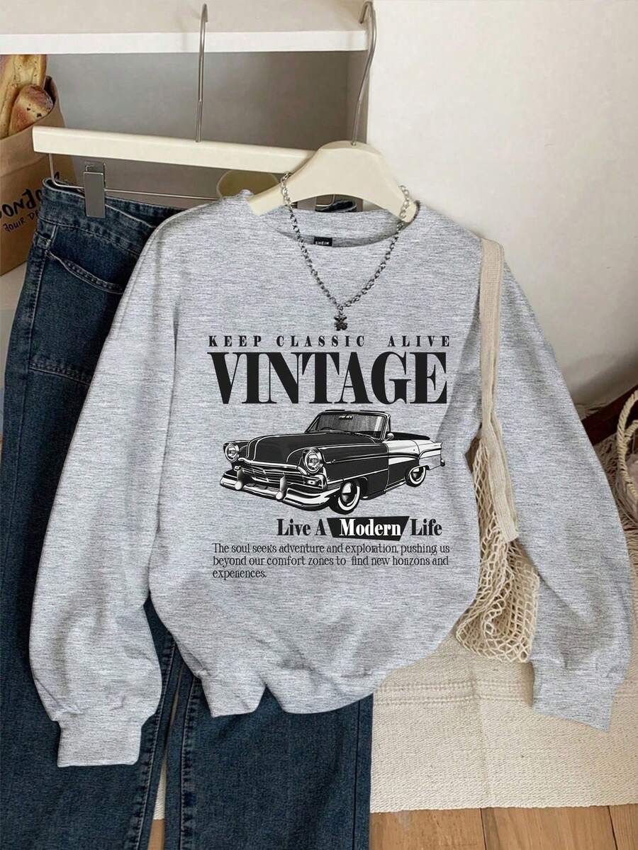 Camiseta manga larga con estampado de coche vintage, de corte holgado y casual para mujer, manga larga, para otoño e invierno - Gris - Ver 1