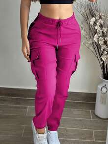 Women's Fashion Elegant Solid Color Casual Pocket Elastic Waist Drawstring Cargo Pants Spring - Hot Pink - View 2