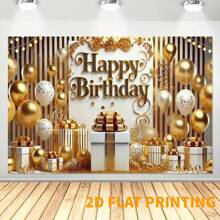 2D Happy Birthday Banner - Golden And White Balloon Design, Polyester Party Decoration, And Photography Props