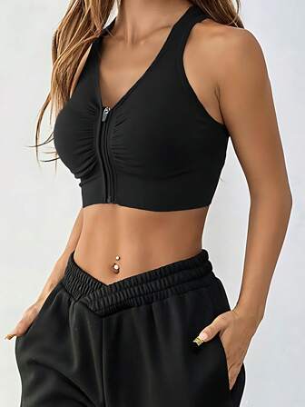 1 pièce Soutien-gorge de sport sans couture à zip avant avec découpe, séchage rapide et extensible, dos nageur, pour femmes. Convient pour les vêtements de sport et les shorts d'été.