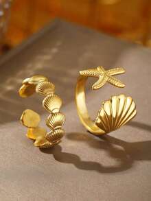 1pc Stainless Steel 3D Shell Starfish Ring For Women, Fashionable Beach Vacation Jewelry - Gold - View 13