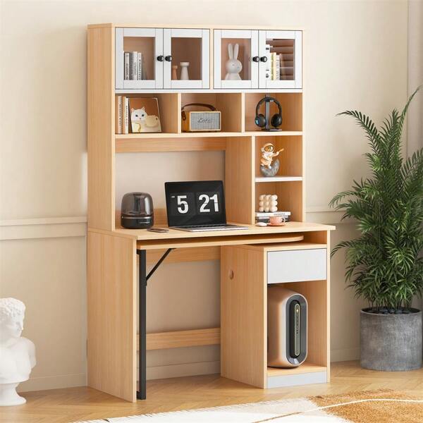 Sairedel Computertisch 180 cm mit Schrank & Regal – Weißer Schreibtisch in Natur-Optik – Büro-Arbeitstisch mit integriertem Stauraum & Ablagefächern