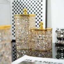 1 件方形裂纹釉白色陶瓷罐带盖，密封储物罐，用于存放谷物、零食、桌面收纳盒，带珍珠手柄 - 彩色 - 查看 2