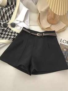 Women Summer Wide Leg Shorts With Belt Loop Solid Color High Waist Breathable Short Pants With Pockets - Black - View 1