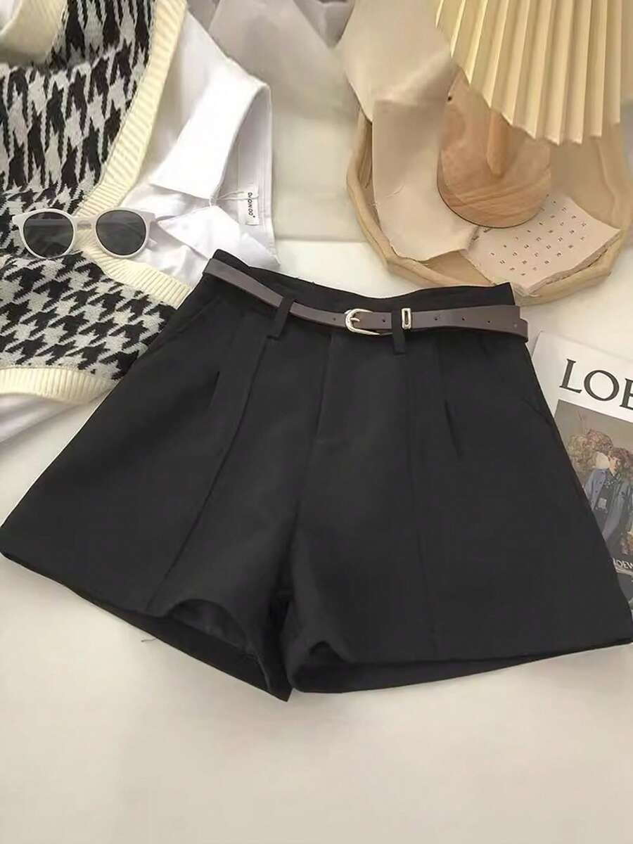 Women Summer Wide Leg Shorts With Belt Loop Solid Color High Waist Breathable Short Pants With Pockets - Black - View 1